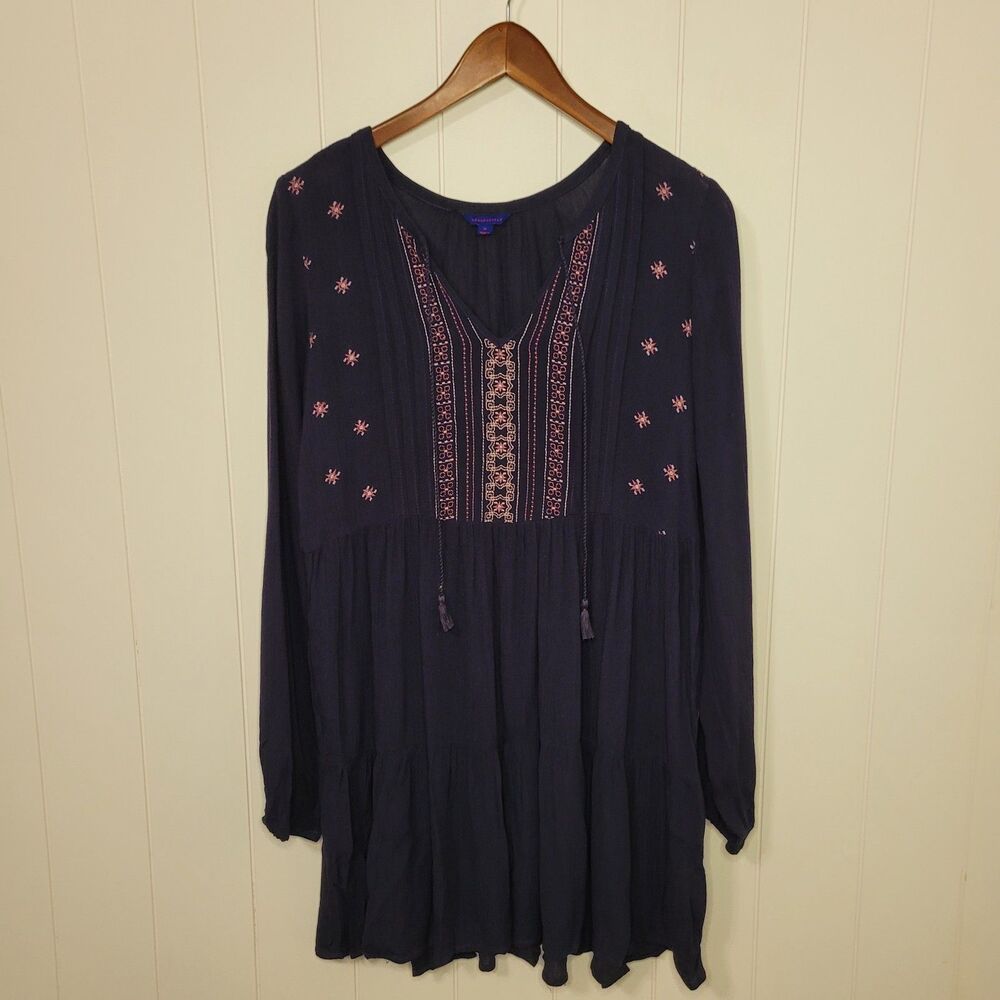 Aeropostale Boho Peasant Dress Women Size Small Blue Embroidered Tasseled Floral